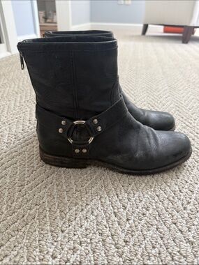 FRYE AND CO. Black Leather Ring Harness Ankle Boots